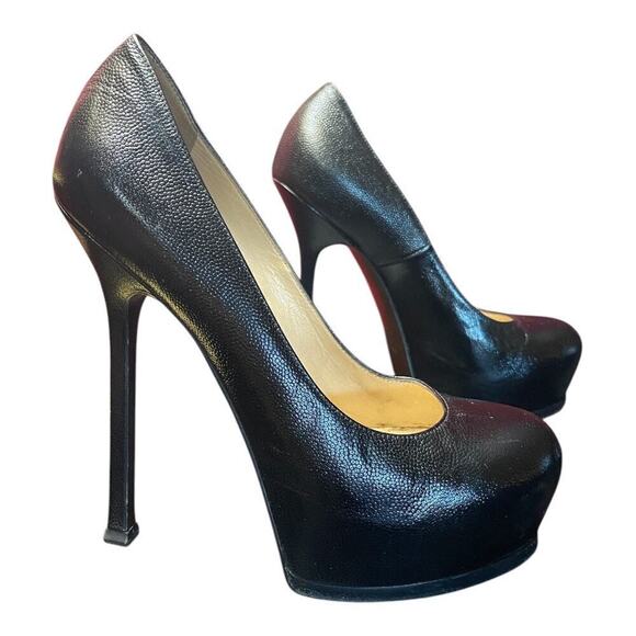 YSL Yves Saint Laurent Embossed Leather Pumps Heels Black 37 (7 US)  $795 - Picture 1 of 13